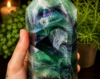 Large Rainbow Fluorite Tower, Banded Fluorite with Rainbow Inclusions, Feather Inclusion Crystal Statement Fluorite Tower, Collector Display