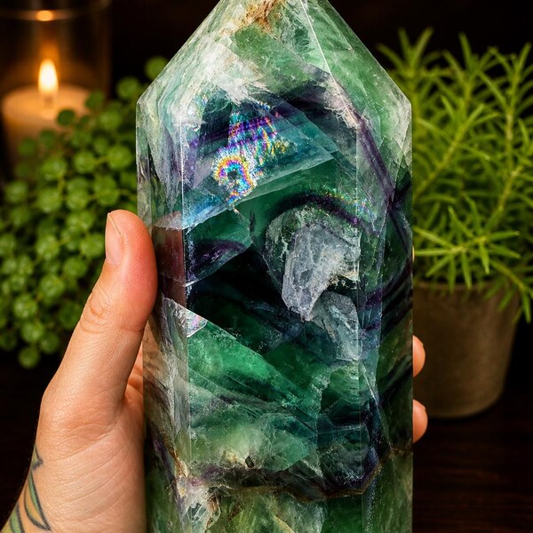 Large Rainbow Fluorite Tower, Banded Fluorite with Rainbow Inclusions, Feather Inclusion Crystal Statement Fluorite Tower, Collector Display