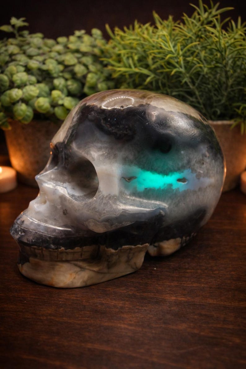 Volcano Agate Skull Carving – UV Reactive Crystal Skull, Hand Carved Agate, Statement Collector Piece, 5.75 lbs bild 11