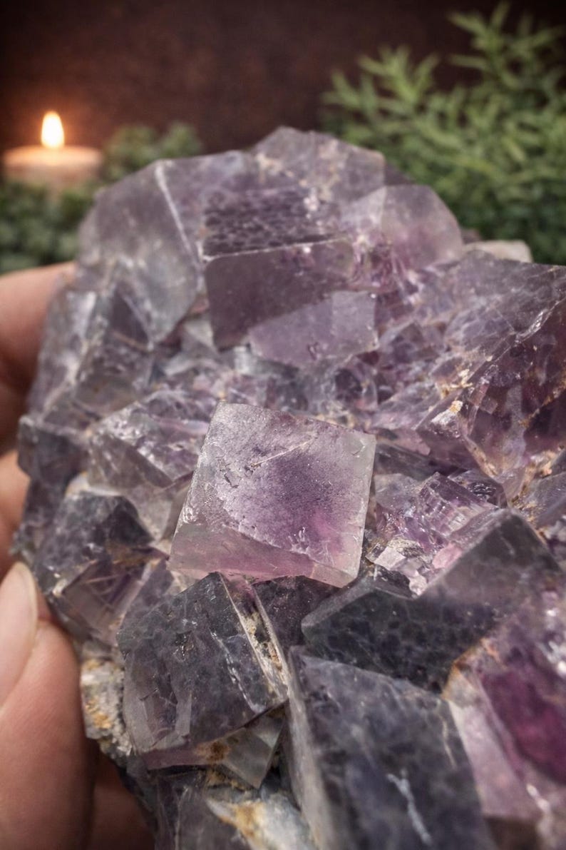 Peut inclure: Gros plan sur un amas de cristaux de fluorite violette. Le cristal a une structure cubique avec des nuances de violet et des zones translucides. L'arri&egrave;re-plan comprend une bougie et de la verdure floues.