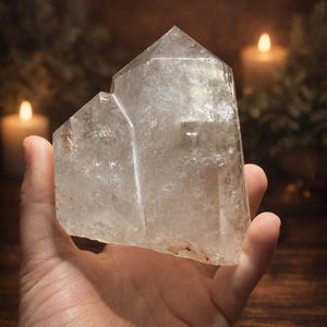 Natural three-point garden quartz freeform with scenic lodolite inclusions