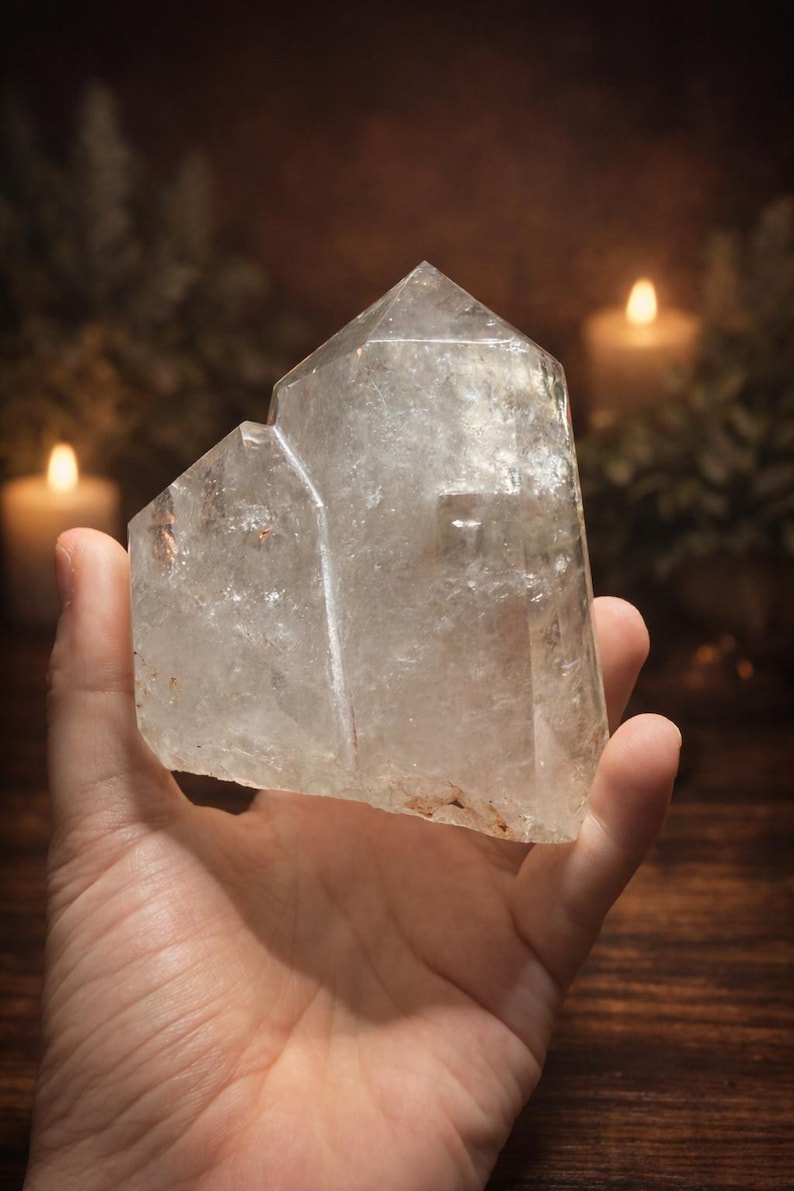Natural three-point garden quartz freeform with scenic lodolite inclusions