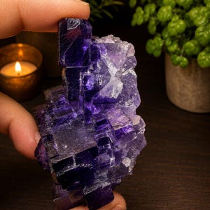 Pode incluir: Um aglomerado de cristais de fluorite roxo-escuro com forma&ccedil;&otilde;es c&uacute;bicas, bordas transl&uacute;cidas e v&aacute;rios tons de violeta. O esp&eacute;cime mineral apresenta uma estrutura geom&eacute;trica com facetas angulares n&iacute;tidas e uma textura cristalina natural.
