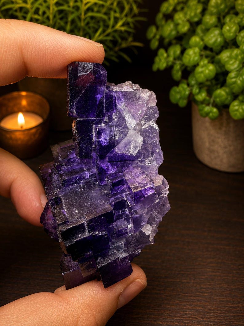 Pode incluir: Um aglomerado de cristais de fluorite roxo-escuro com forma&ccedil;&otilde;es c&uacute;bicas, bordas transl&uacute;cidas e v&aacute;rios tons de violeta. O esp&eacute;cime mineral apresenta uma estrutura geom&eacute;trica com facetas angulares n&iacute;tidas e uma textura cristalina natural.