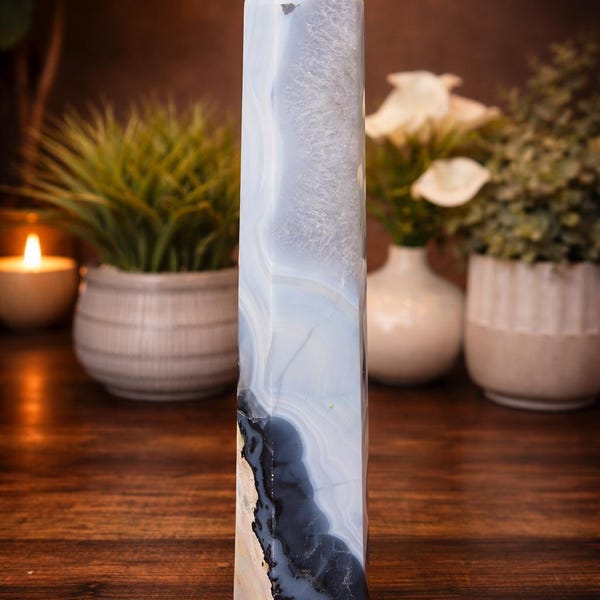 Large UV Reactive Volcano Agate Tower – 13.5 Inch 6 Point Crystal Obelisk – Fluorescent Agate Statement Piece – Collector Stone