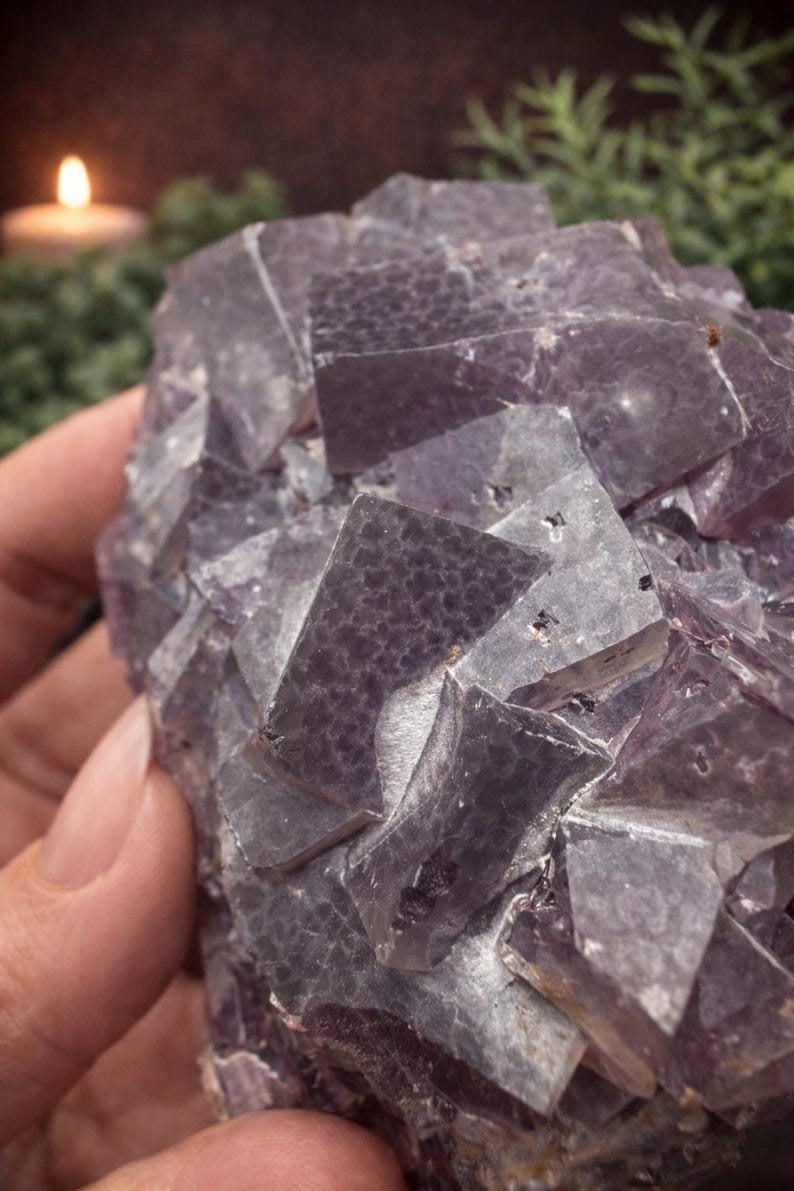Peut inclure: Gros plan sur un amas de cristaux de fluorite violette. Le cristal a une structure cubique avec un m&eacute;lange de teintes violet clair et fonc&eacute;. La surface a un aspect textur&eacute;, avec des formations cristallines visibles.