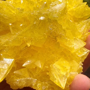 May include: Close-up of a bright yellow sulfur crystal cluster. The crystalline structure features sharp, angular formations with a translucent appearance. The mineral's color is a vibrant, sunny yellow, with some areas appearing more opaque.