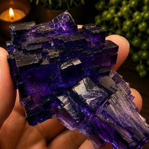Pode incluir: Um grupo de cristais de fluorite roxo profundo com forma&ccedil;&otilde;es geom&eacute;tricas c&uacute;bicas n&iacute;tidas. O esp&eacute;cime mineral apresenta sec&ccedil;&otilde;es transl&uacute;cidas e opacas com um tom violeta rico e saturado e estruturas cristalinas distintas e estratificadas.