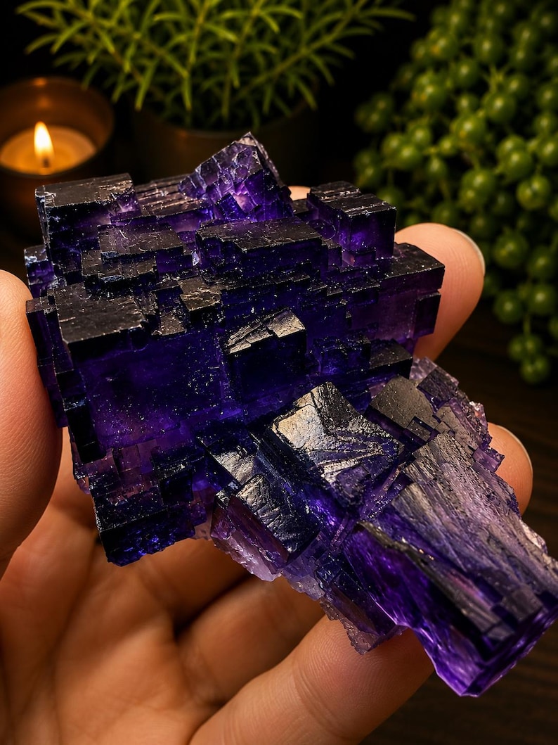 Pode incluir: Um grupo de cristais de fluorite roxo profundo com forma&ccedil;&otilde;es geom&eacute;tricas c&uacute;bicas n&iacute;tidas. O esp&eacute;cime mineral apresenta sec&ccedil;&otilde;es transl&uacute;cidas e opacas com um tom violeta rico e saturado e estruturas cristalinas distintas e estratificadas.