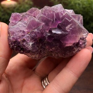 Peut inclure: Une main tient un cristal de fluorite brut et naturel. Le cristal est de couleur violet fonc&eacute; avec une structure cristalline. L'arri&egrave;re-plan est flou, avec une bougie allum&eacute;e et de la verdure visible.