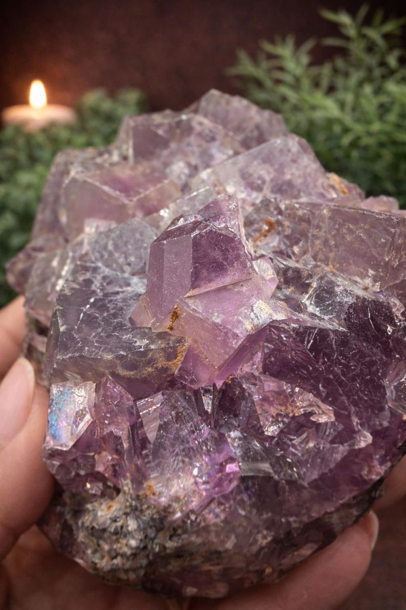 Peut inclure: Gros plan sur un amas de cristaux d'am&eacute;thyste, pr&eacute;sentant diverses nuances de violet. Les cristaux pr&eacute;sentent des formes g&eacute;om&eacute;triques nettes, refl&eacute;tant la lumi&egrave;re et cr&eacute;ant un effet scintillant. La formation min&eacute;rale naturelle est tenue dans une main.