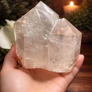 Natural three-point garden quartz freeform with scenic lodolite inclusions
