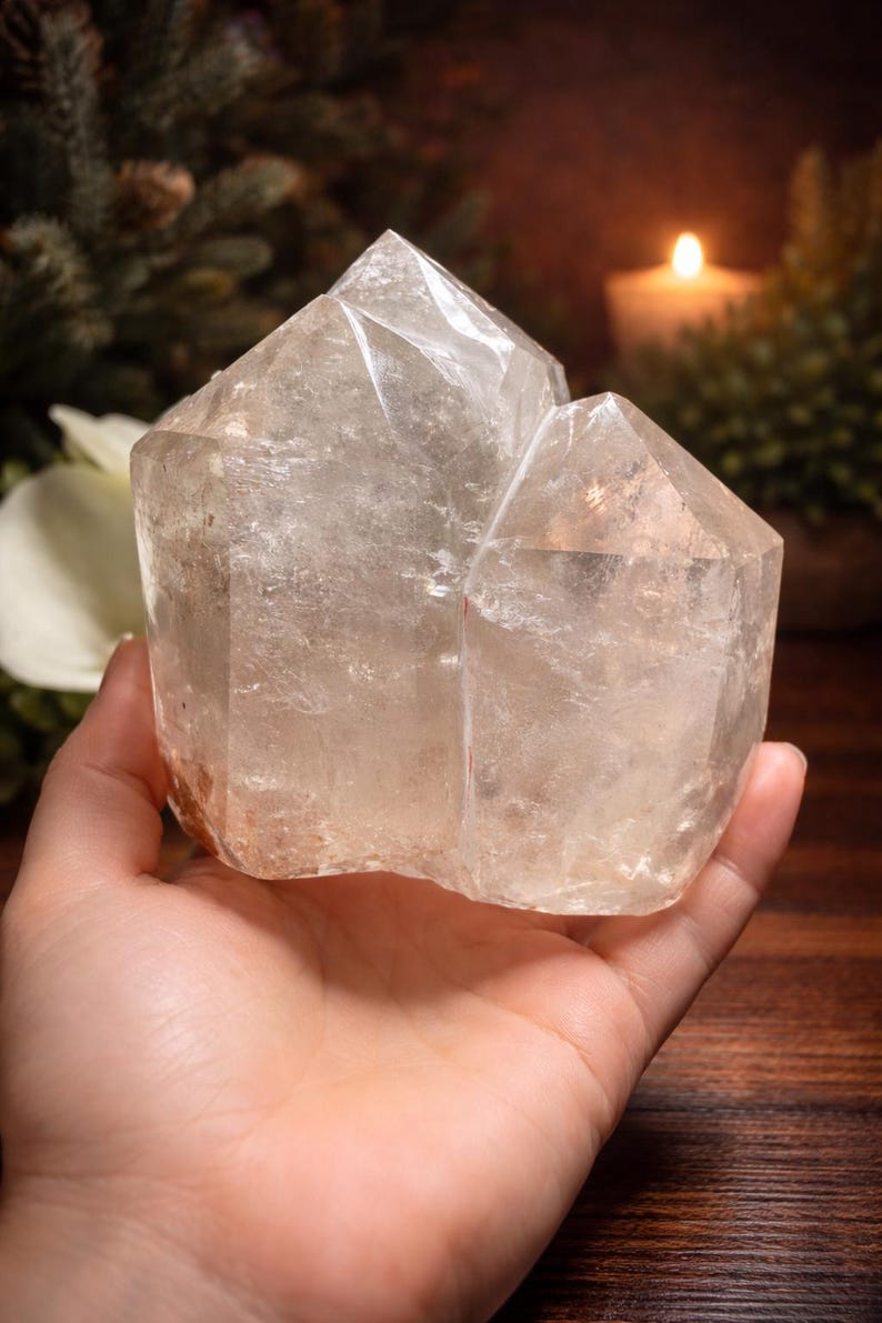 Natural three-point garden quartz freeform with scenic lodolite inclusions