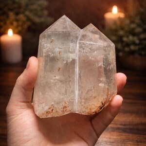 Natural three-point garden quartz freeform with scenic lodolite inclusions