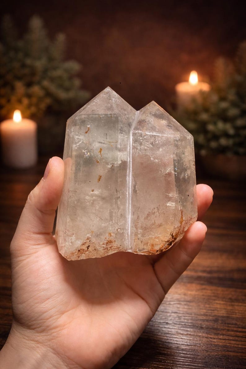 Natural three-point garden quartz freeform with scenic lodolite inclusions