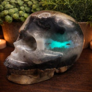 Volcano Agate Skull Carving – UV Reactive Crystal Skull, Hand Carved Agate, Statement Collector Piece, 5.75 lbs bild 10