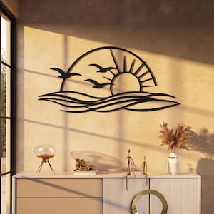 Decorazione murale in metallo minimalista con tramonto sull'oceano, moderna decorazione in metallo costiera, design astratto con linee ondulate, grande decorazione murale in metallo nero per soggiorno