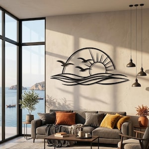 Decorazione murale in metallo minimalista con tramonto sull'oceano, moderna decorazione in metallo costiera, design astratto con linee ondulate, grande decorazione murale in metallo nero per soggiorno
