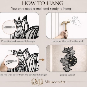Pu&ograve; includere: Istruzioni illustrate su come appendere decorazioni murali. Include l'uso di un gancio a dente di sega pre-attaccato, un martello e l'appendimento della decorazione. L'immagine finale mostra un orologio in bianco e nero. Testo: "HOW TO HANG".