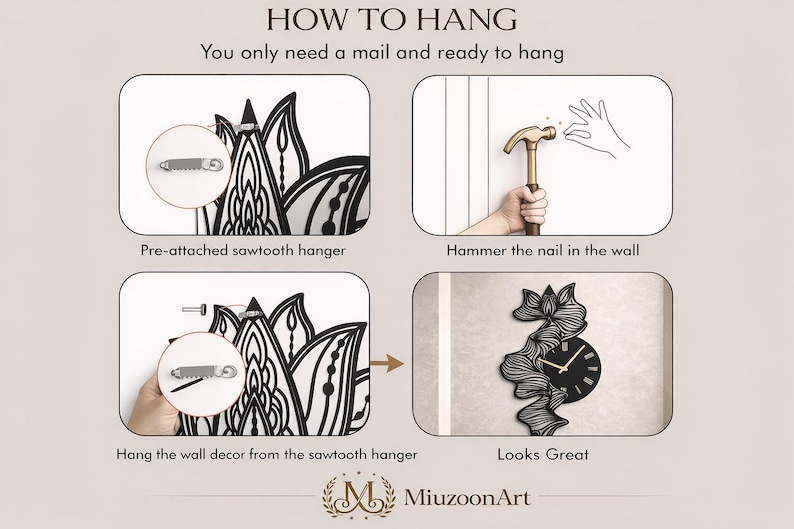 Pu&ograve; includere: Istruzioni illustrate su come appendere decorazioni murali. Include l'uso di un gancio a dente di sega pre-attaccato, un martello e l'appendimento della decorazione. L'immagine finale mostra un orologio in bianco e nero. Testo: "HOW TO HANG".