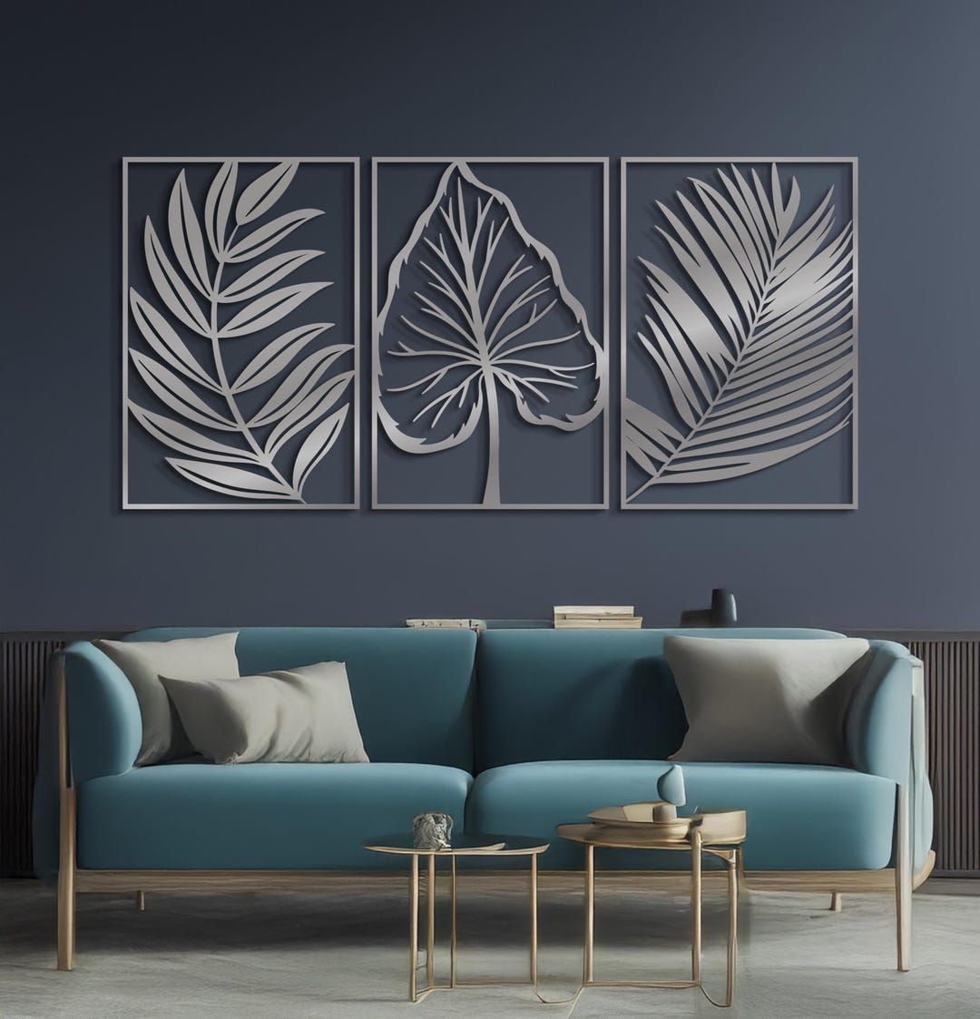 Botanical Metal Wall Art Triptych, Modern Leaf Panel Set, Black ...