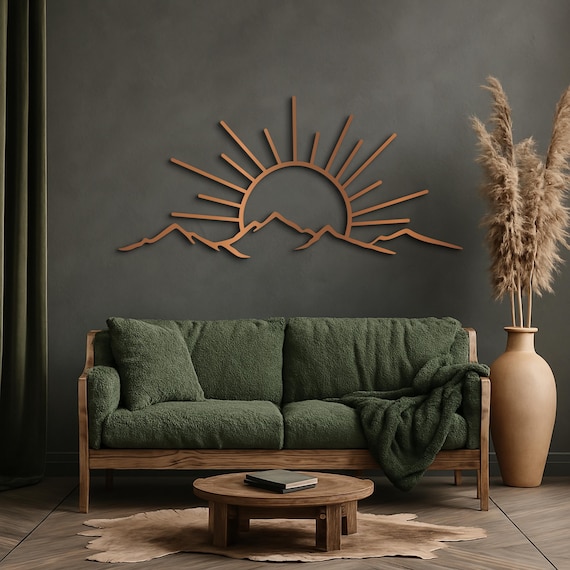 Minimalist Metal Wall Art, Mountain Sunrise Decor, Modern Landscape Line Art Decor, Large Black Nature Wall Sculpture, Livingroom Decor