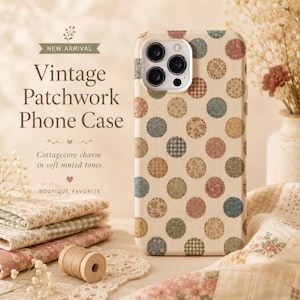 May include: A phone case featuring a repeating pattern of circles in various muted colors and floral or checkered prints on a cream background. The text on the image reads: NEW ARRIVAL, Vintage Patchwork Phone Case, Cottagecore charm in soft muted tones, BOUTIQUE FAVORITE.