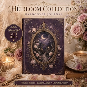 May include: A purple hardcover journal titled Heirloom Collection featuring an oval frame with a moonlit garden scene, surrounded by roses. The cover includes the text Beautiful Gift Idea, Timeless Beauty, Elegant Design, and Cherished Forever.