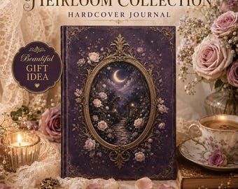 May include: A purple hardcover journal titled Heirloom Collection featuring an oval frame with a moonlit garden scene, surrounded by roses. The cover includes the text Beautiful Gift Idea, Timeless Beauty, Elegant Design, and Cherished Forever.