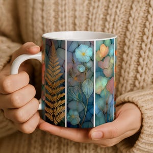 Botanical Fern & Floral Panels Mug | Stained Glass Watercolor Leaves, Blue Teal Coral, 11oz