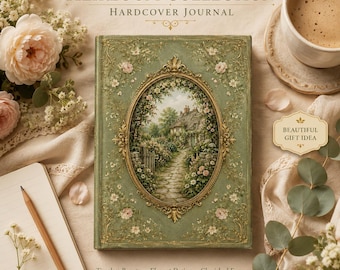 May include: A sage green hardcover journal featuring an oval gold frame with a cottage garden illustration. The cover includes the text HEIRLOOM COLLECTION HARDCOVER JOURNAL, Timeless Beauty, Elegant Design, Cherished Forever, and BEAUTIFUL GIFT IDEA.