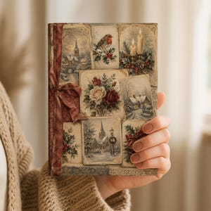 May include: A rectangular journal featuring a collage of vintage-style winter illustrations, including a robin, snowy landscapes, lit candles, and floral bouquets. A dark red ribbon is tied vertically along the left side of the cover.
