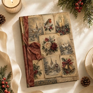 May include: A rectangular book with a vintage-style cover featuring a collage of winter scenes, including a robin, snowy landscapes, a church, roses, and golden bells. A dark red fabric ribbon is tied vertically along the left side of the cover.
