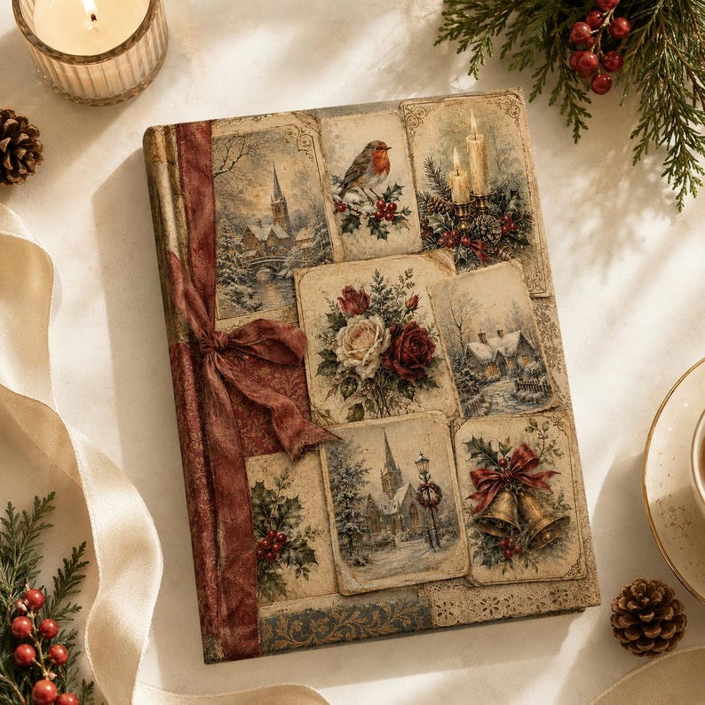 May include: A rectangular book with a vintage-style cover featuring a collage of winter scenes, including a robin, snowy landscapes, a church, roses, and golden bells. A dark red fabric ribbon is tied vertically along the left side of the cover.