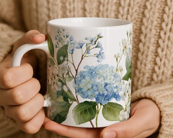 Blue Hydrangea Mug 11oz, Floral Ceramic Coffee Cup, Cottagecore Flower Tea Mug, Garden Lover Gift for Her