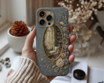 Library Window Phone Case, Vintage Floral iPhone Cover, Blue Bookish Case, Romantic Cottagecore Reader Gift for Her, Elegant Reading Case