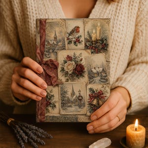May include: A rectangular journal featuring a collage of vintage-style winter illustrations, including a robin, snowy landscapes, candles, roses, and bells. The cover is accented with a dark red fabric ribbon tied on the left side, creating a textured appearance.