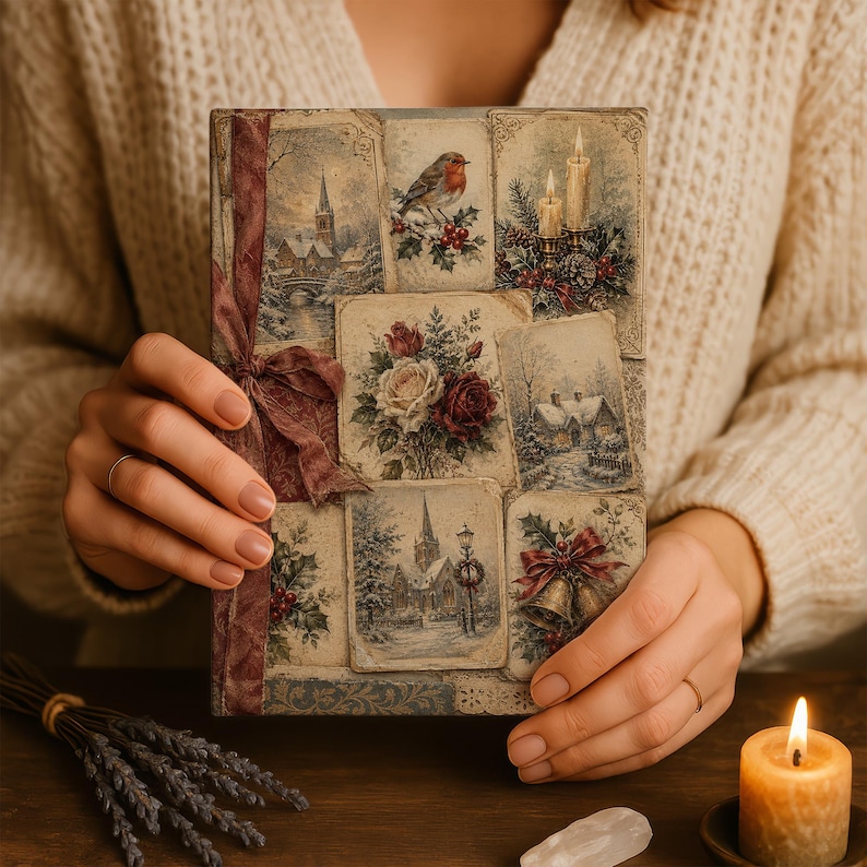 May include: A rectangular journal featuring a collage of vintage-style winter illustrations, including a robin, snowy landscapes, candles, roses, and bells. The cover is accented with a dark red fabric ribbon tied on the left side, creating a textured appearance.
