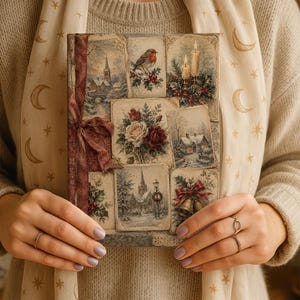 May include: A rectangular book cover featuring a collage of vintage-style illustrations including a robin, lit candles, winter landscapes with churches, a bouquet of roses, and golden bells, accented by a dark red fabric ribbon tied on the left side.