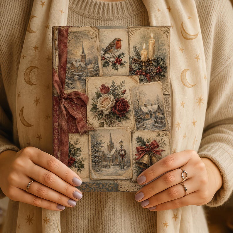 May include: A rectangular book cover featuring a collage of vintage-style illustrations including a robin, lit candles, winter landscapes with churches, a bouquet of roses, and golden bells, accented by a dark red fabric ribbon tied on the left side.