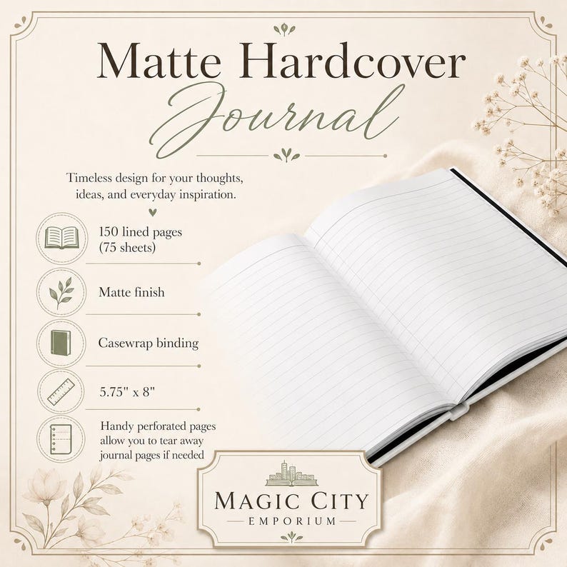 May include: An open matte hardcover journal with lined pages. Text includes: Matte Hardcover Journal, 150 lined pages (75 sheets), Matte finish, Casewrap binding, 14.6 cm x 20.3 cm, Handy perforated pages allow you to tear away journal pages if needed, Magic City Emporium.