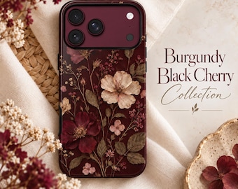 Etui na telefon z suszonymi kwiatami, ciemna, botaniczna estetyka, prezent dla niej