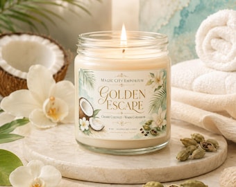 Candela di soia al cocco e cardamomo, candela profumata Golden Escape, colata a mano da 255 g, regalo in stile cottagecore tropicale per lei, regalo candela spa
