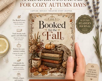 May include: A reader's journal titled Booked for the Fall featuring a cover illustration of stacked books, a pumpkin, a mug, and autumn foliage. The journal includes text about tracking reads, quotes, and reflections for cozy autumn days.