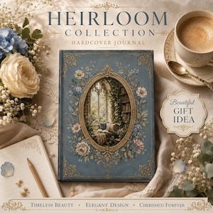 Op de afbeelding: Een blauw hardcover dagboek met een ovaal kader met een illustratie van een bibliotheekraam, omringd door bloemmotieven. De tekst luidt HEIRLOOM COLLECTION HARDCOVER JOURNAL en Beautiful GIFT IDEA. Inclusief een potlood en een koffiekop.