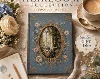May include: A blue hardcover journal featuring an oval frame with a library window illustration, surrounded by floral motifs. The text reads HEIRLOOM COLLECTION HARDCOVER JOURNAL and Beautiful GIFT IDEA. Includes a pencil and a coffee cup.