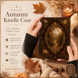 May include: A rectangular Kindle case featuring a dark brown cover with an ornate gold oval frame surrounding an autumn landscape illustration. The case is held by hands wearing black sleeves, with text on the left side reading Vintage Autumn Kindle Case.