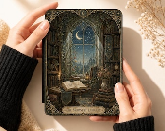 Moonlit Library Kindle Case, Dark Academia E-Reader Cover, Gothic Bookish Kindle Case, Celestial Library Fantasy Cover
