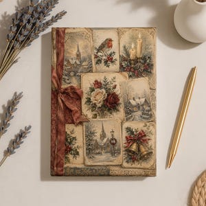 May include: A rectangular journal featuring a collage of vintage-style winter illustrations, including a robin, snowy landscapes, candles, roses, and bells. A dark red fabric ribbon is tied vertically along the left side of the cover.