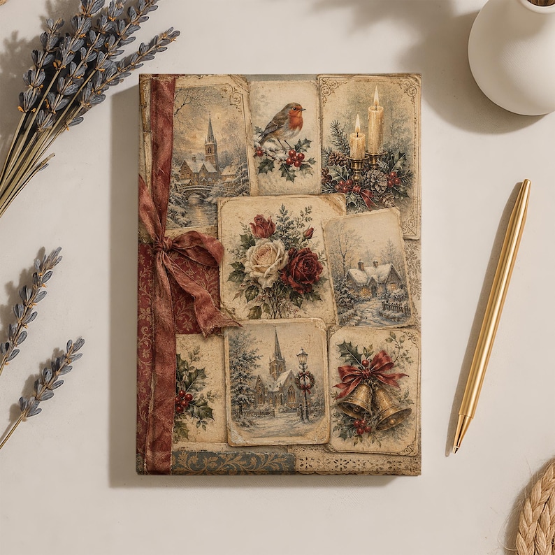 May include: A rectangular journal featuring a collage of vintage-style winter illustrations, including a robin, snowy landscapes, candles, roses, and bells. A dark red fabric ribbon is tied vertically along the left side of the cover.